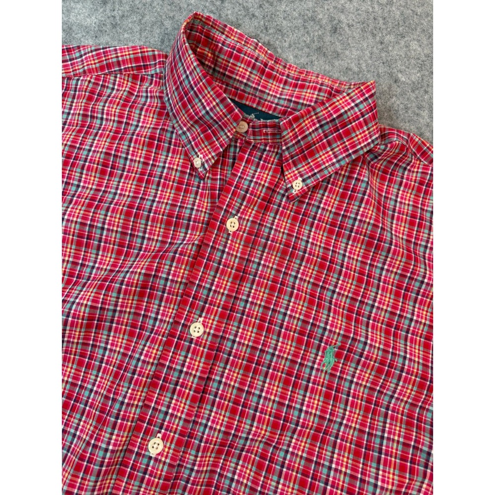 Ralph Lauren Mens Classic Fit Short Sleeve Plaid Button Down Shirt Red Large‎